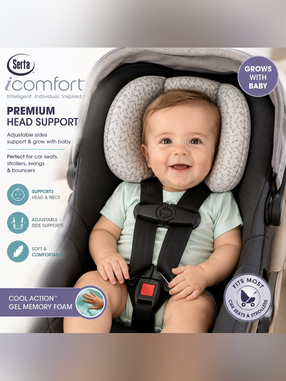 Serta iComfort Premium Baby Head Support Gray Adjustable Car Seat Stroller